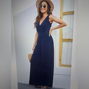Women's Sleeveless Dress Deep V Neck Loose Plain maxi long Medium Navy